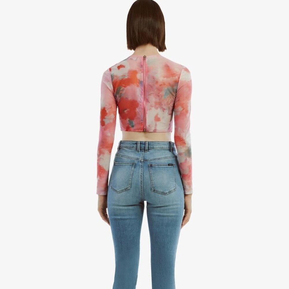 Bardot Pink Watercolor Mesh Corset Crop Top - Picture 2 of 9